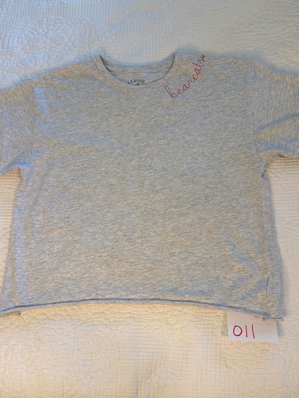 League Light Grey Crop Top with Pink Script